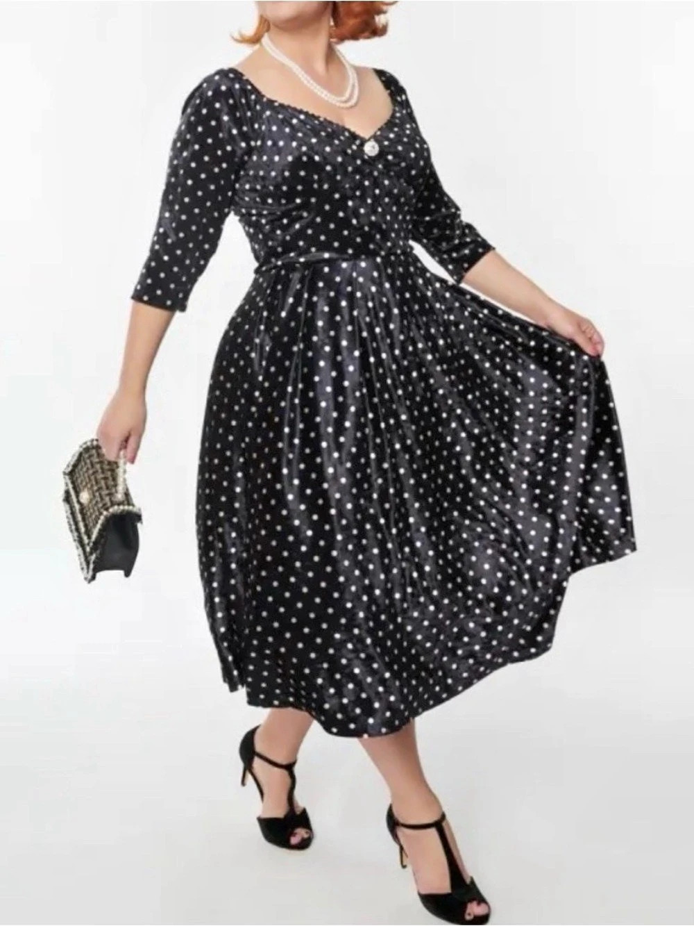 Unique Vintage Vintage Fit & Flare Dress Polka Dot Black & White Large NWT